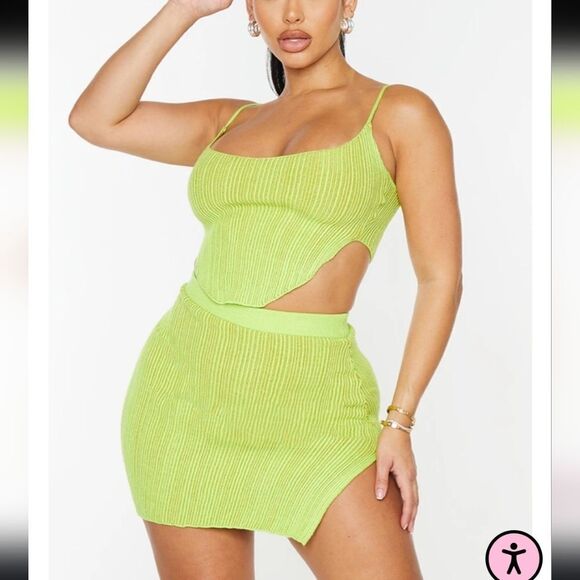 PrettyLittleThing Shape Lime Contrast Split Bodycon Skirt with Crop Top Set 12 - Picture 1 of 9